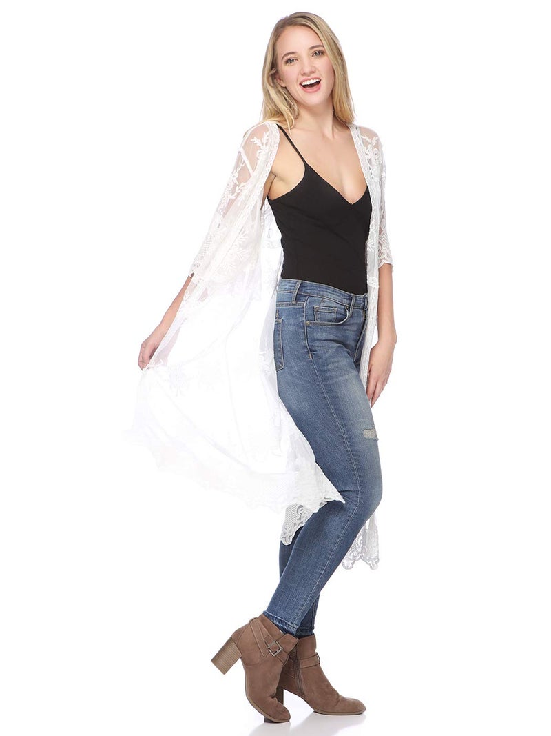 Anna-Kaci Womens Half Sleeve Lace Flower Embroidered Cover up Kimono Cardigan, Ivory, One Size - Image 5